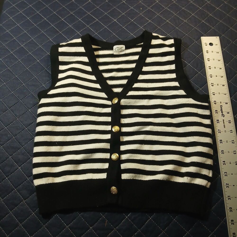 Cielo Womens L Striped Sweater Vest Black Ivory Gold Button Preppy Nautical